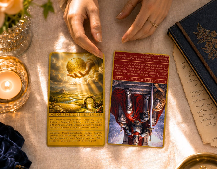 These cards have two meanings written on them: Upright (top) & Shadow (the hidden or challenging side - bottom). You can choose how to read them:• Option 1: Upright Only. You keep all your cards facing the same way & you read the Upright meaning. If the cards around it feel a bit stormy or difficult, you can peek at the Shadow meaning to see if there’s a hidden lesson there. The founder herself, uses the deck this way. Like many readers, she believes, the 78 cards already have enough depth & detail. By looking at the other cards in your spread & what you already know about your question, you can easily grasp which meaning the cards are asking you to look at.• Option 2: Using Reversals. This is when cards come out upside-down (you can shuffle them in a swirl to make sure the cards have a chance to reverse themselves). If a card is right-side up, read the Upright part. If it’s upside-down, read the Shadow/ bottom part.