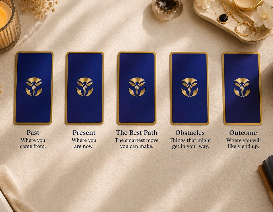 This spread gives you a deeper look at your path/choices.* Past: Where you came from.* Present: Where you are now.* The Best Path: The smartest move you can make.* Obstacles: Things that might get in your way.* Outcome: Where you will likely end up.