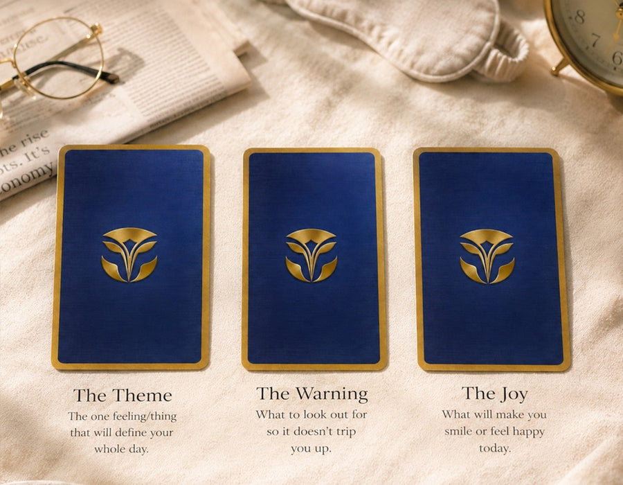 This is Neelu's favourite custom spread for starting your day!* The Theme: The one feeling/thing that will define your whole day.* The Warning: What to look out for so it doesn't trip you up.* The Joy: What will make you smile or feel happy today.